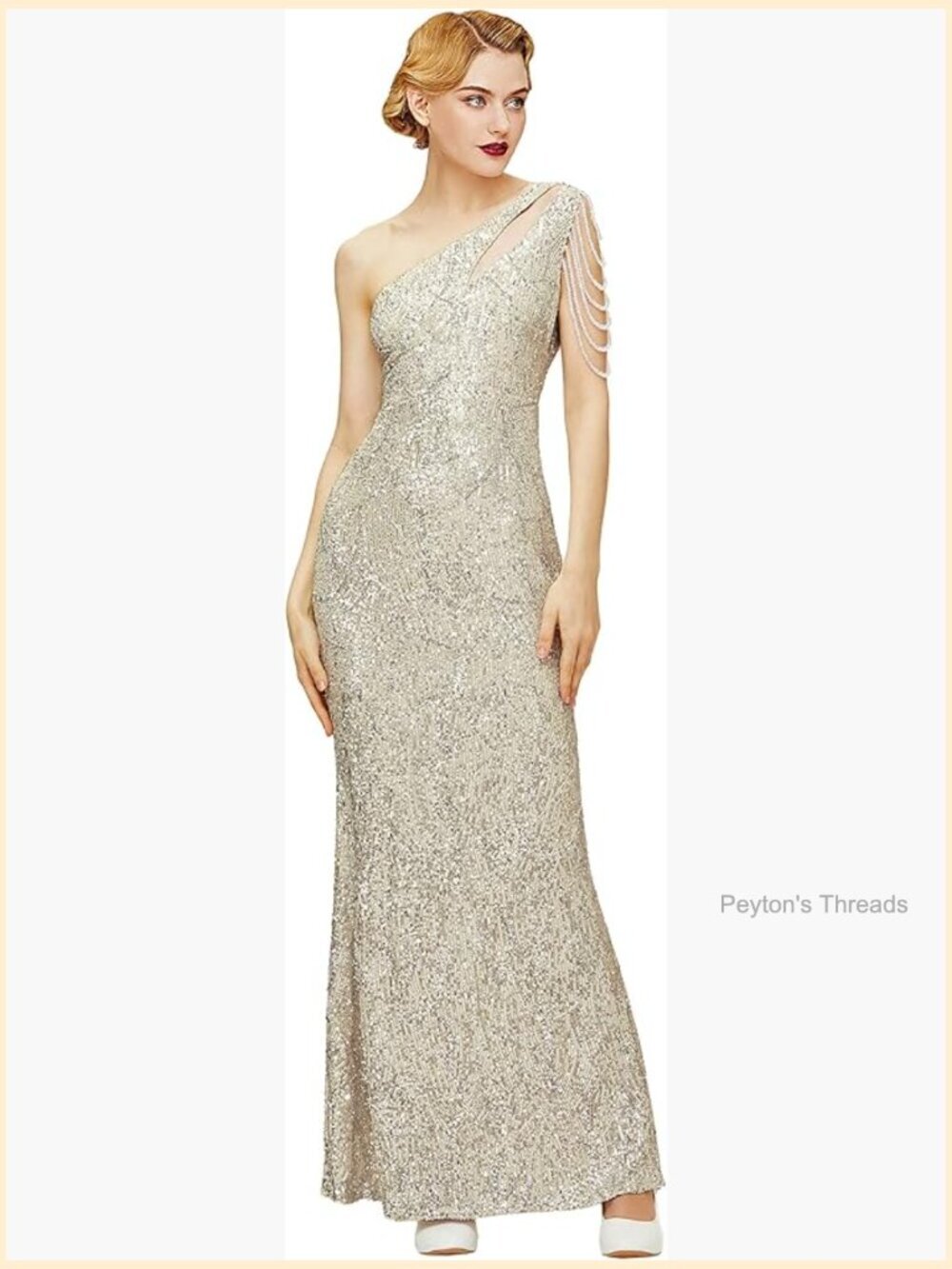 Sequin One Shoulder Maxi Prom Dress with Beads for Party